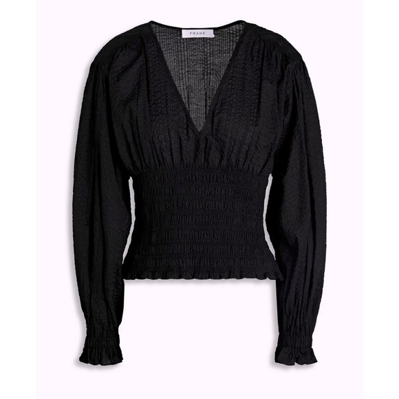 Frame Denim Tops - FRAME Smocked V-Neck Crinkled-Cotton Blouse Top size L NWT